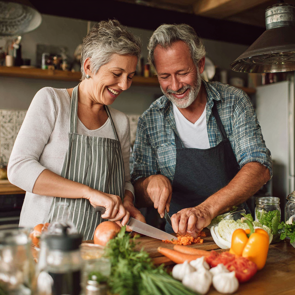 Пара віком 52-60 років разом готує здорову їжу на кухні, посміхаються та насолоджуються процесом приготування